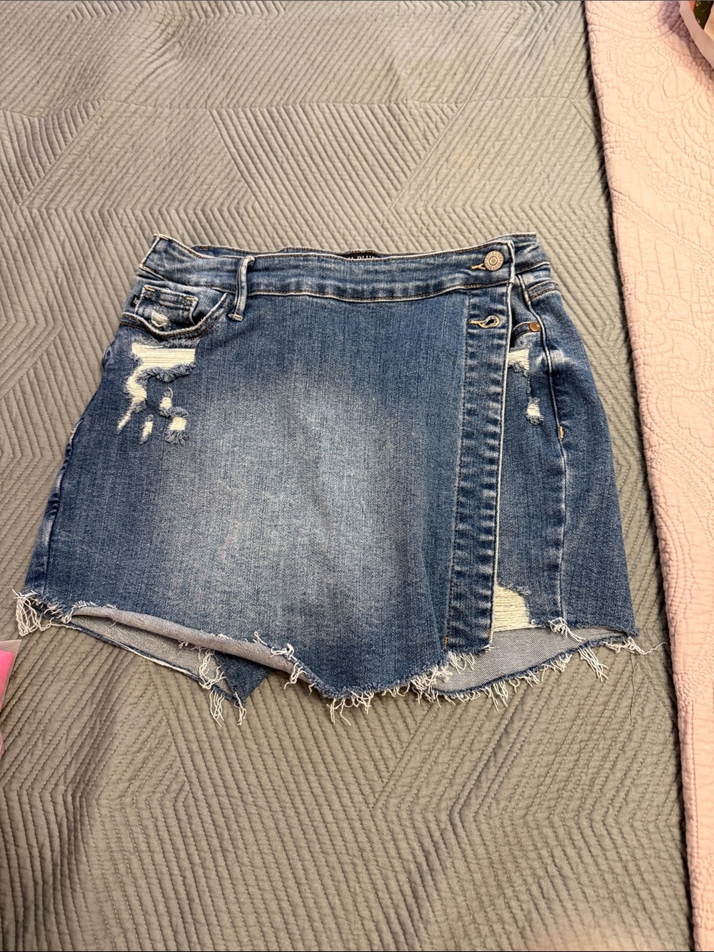 Judy Blue Distressed Denim Wrap Skort  - Blue